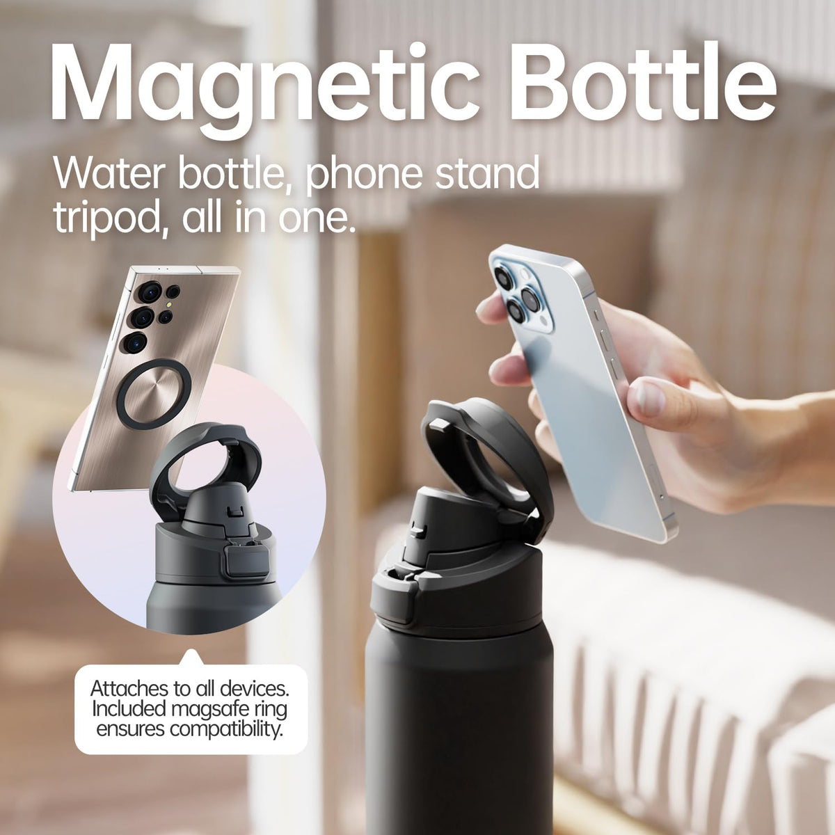 Insulated Magnetic Water Bottle (Black / 24 Ounces)