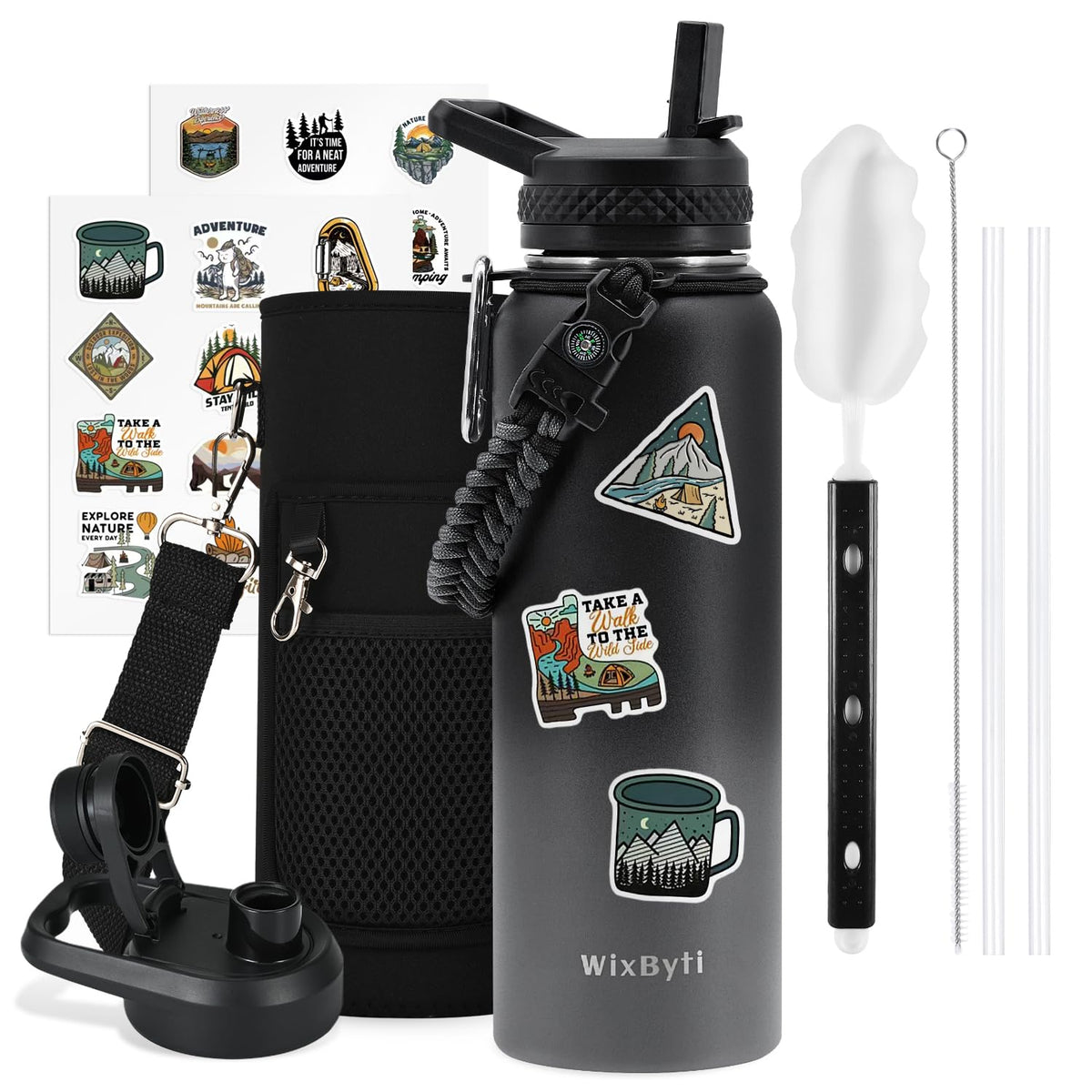 40 oz Insulated Water Bottle with Straw (Black/Grey Gradient / 40 Ounces)