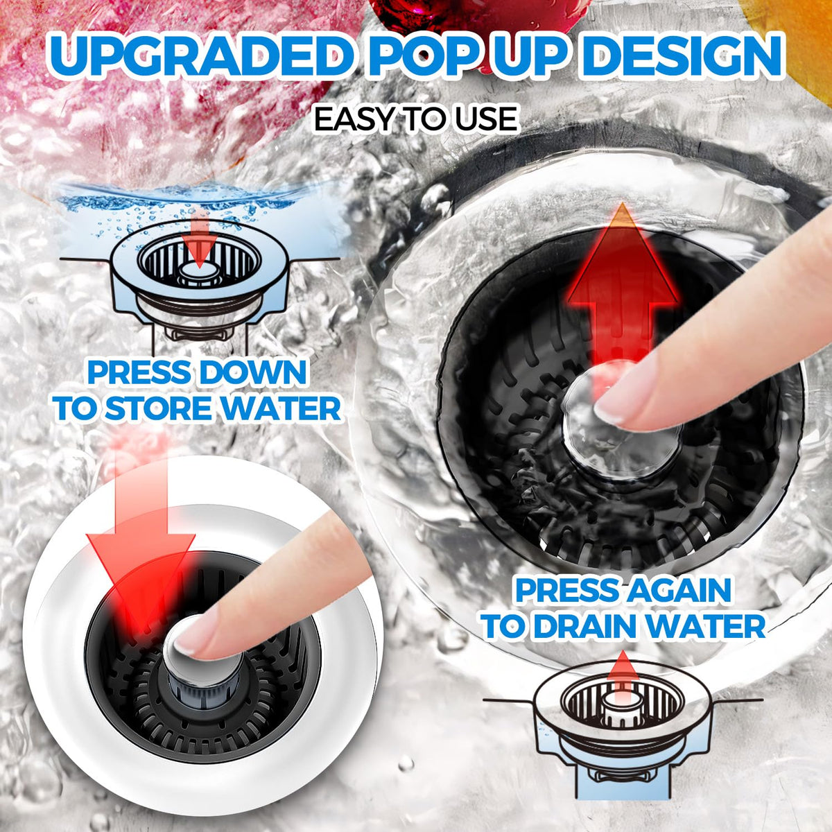 3 in 1 Kitchen Sink Drain Strainer Stopper Removable Basket Pop (Black Black)