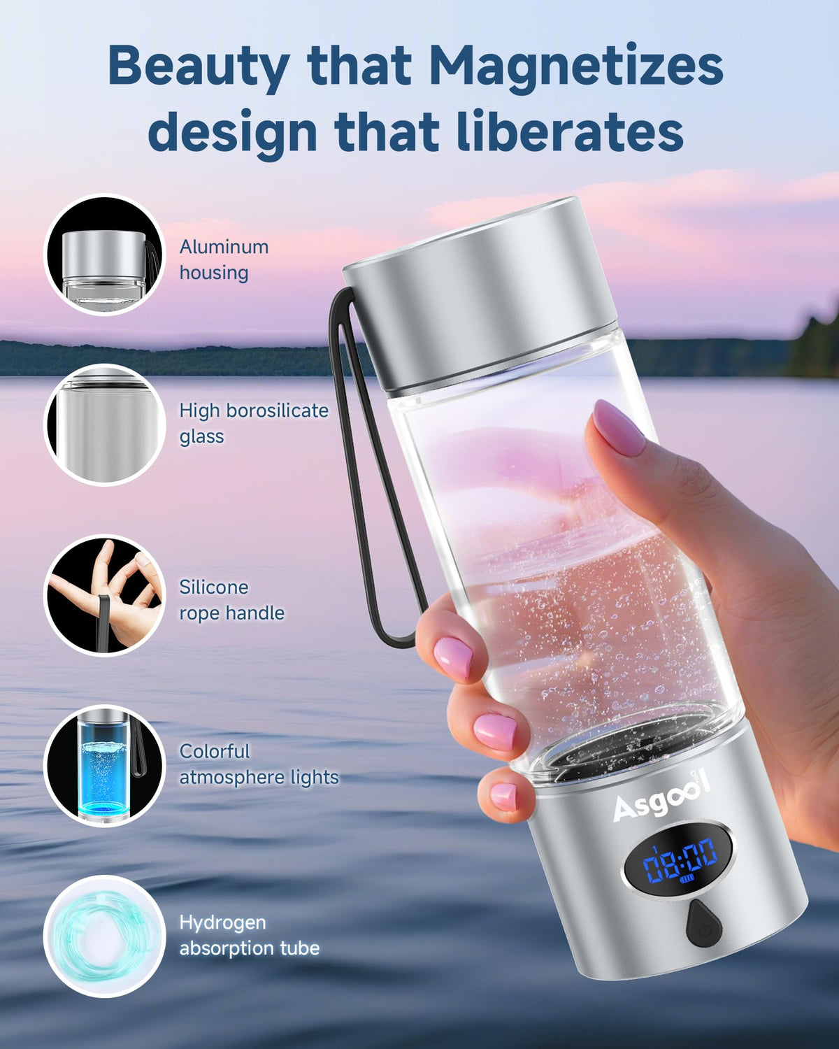 360ml Portable Hydrogen Water Bottle Generator with PEM (Silver)