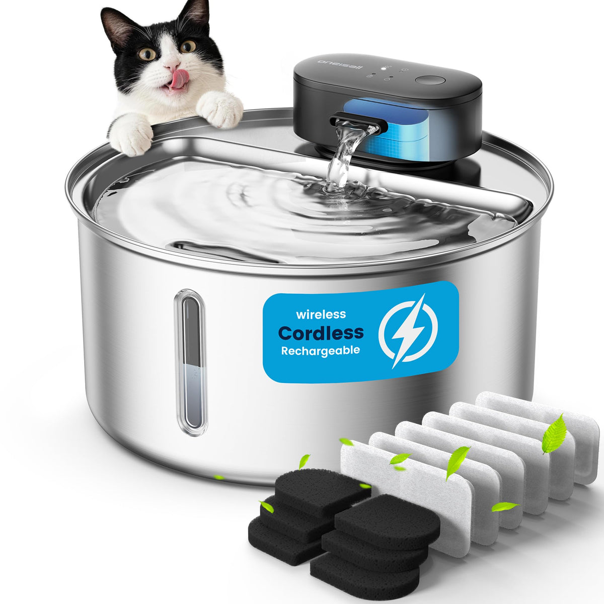 3.2L Cordless Stainless Steel Cat Fountain with 6 Filters