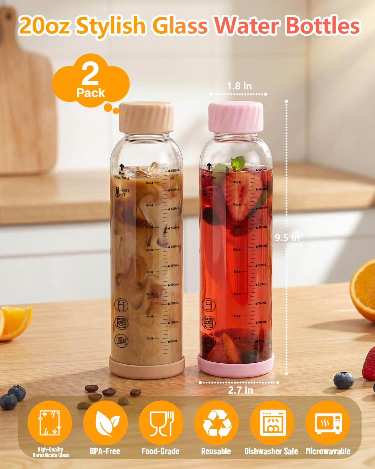 Glass Water Bottles with Stainless Steel Lid 20oz (Pink-Amber)