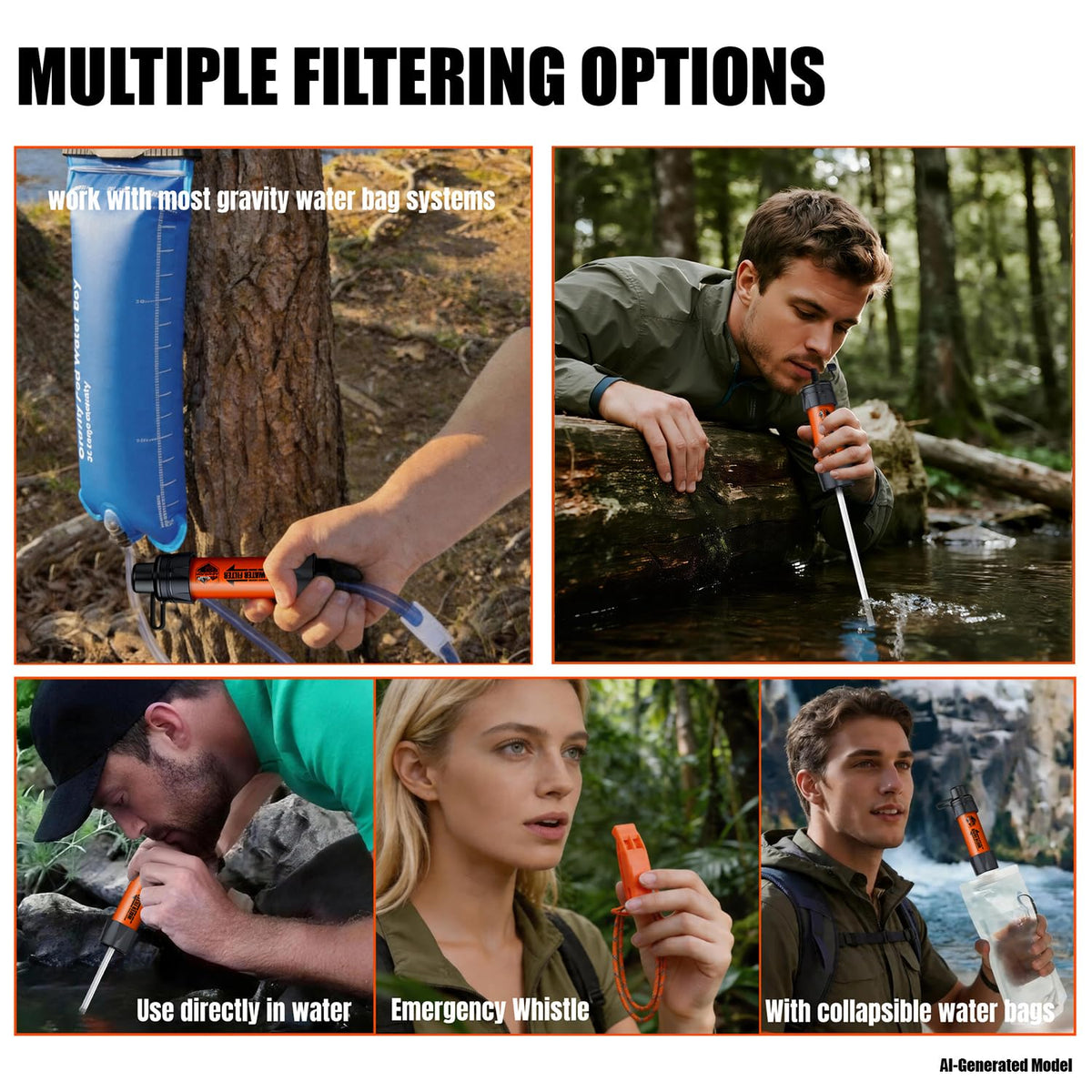 3 Pack Water Filter Straw with Survival Whistle Kit (3-Pack Orange Upgraded / 3-Pack)