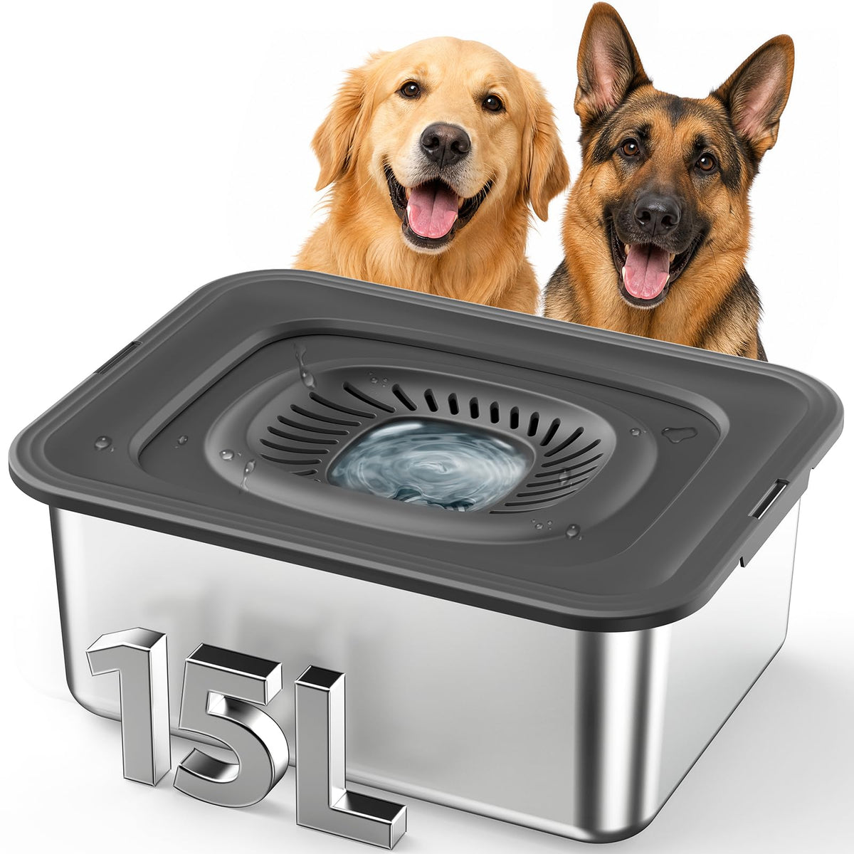 15L Dog Water Bowl No Spill with Slow Drinking Floating Disk (Gray / 15L)