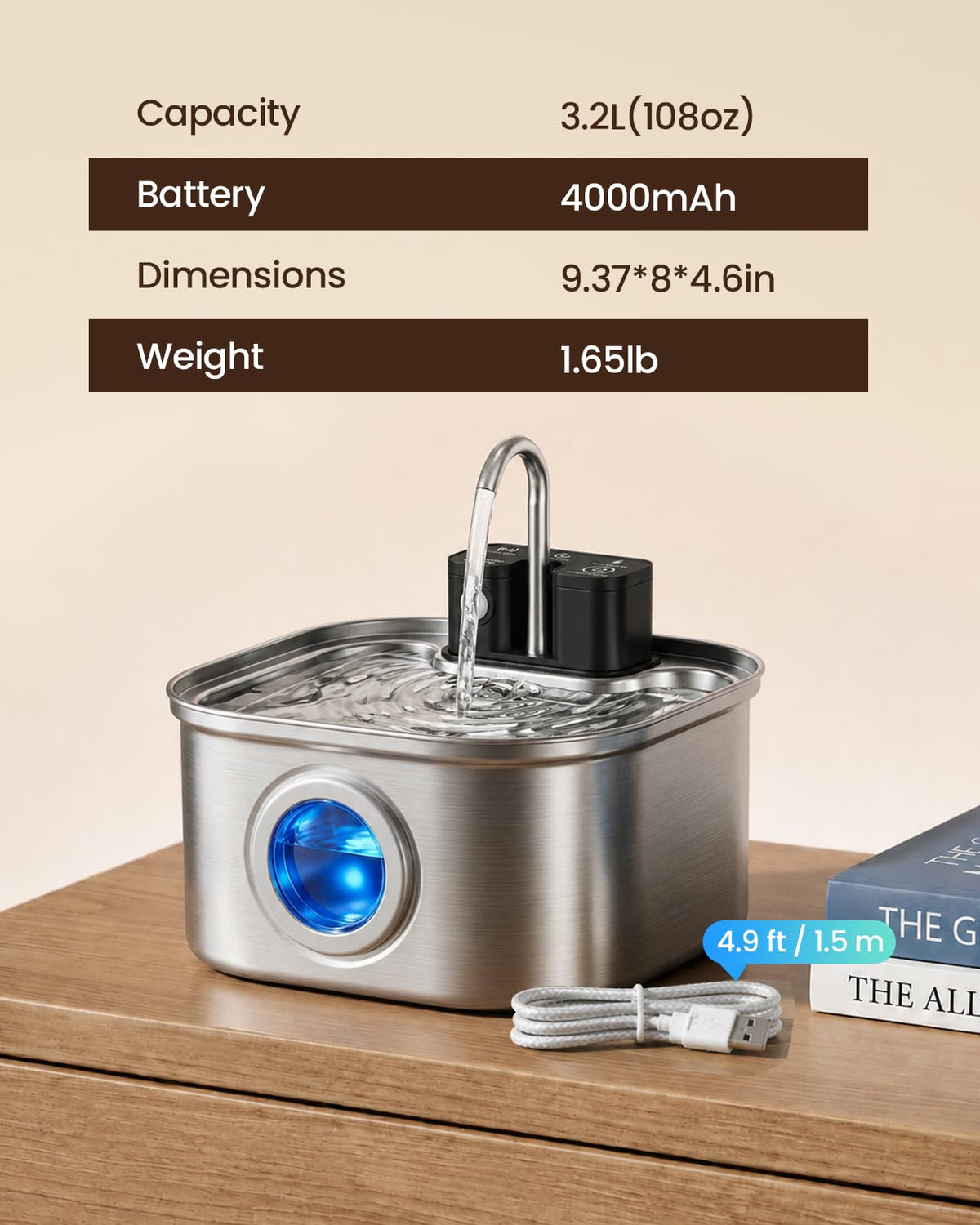 3.2L 108oz Cordless Cat Water Fountain Stainless Steel