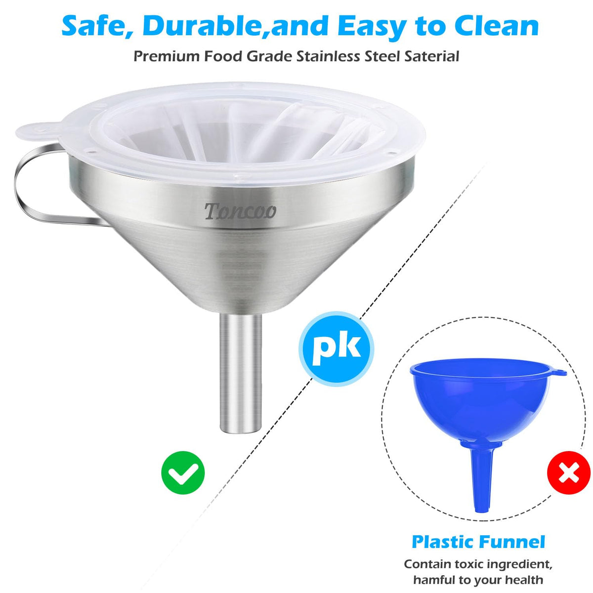 5 Inch Stainless Steel Funnel with Strainer and 200 Fine Mesh Filter