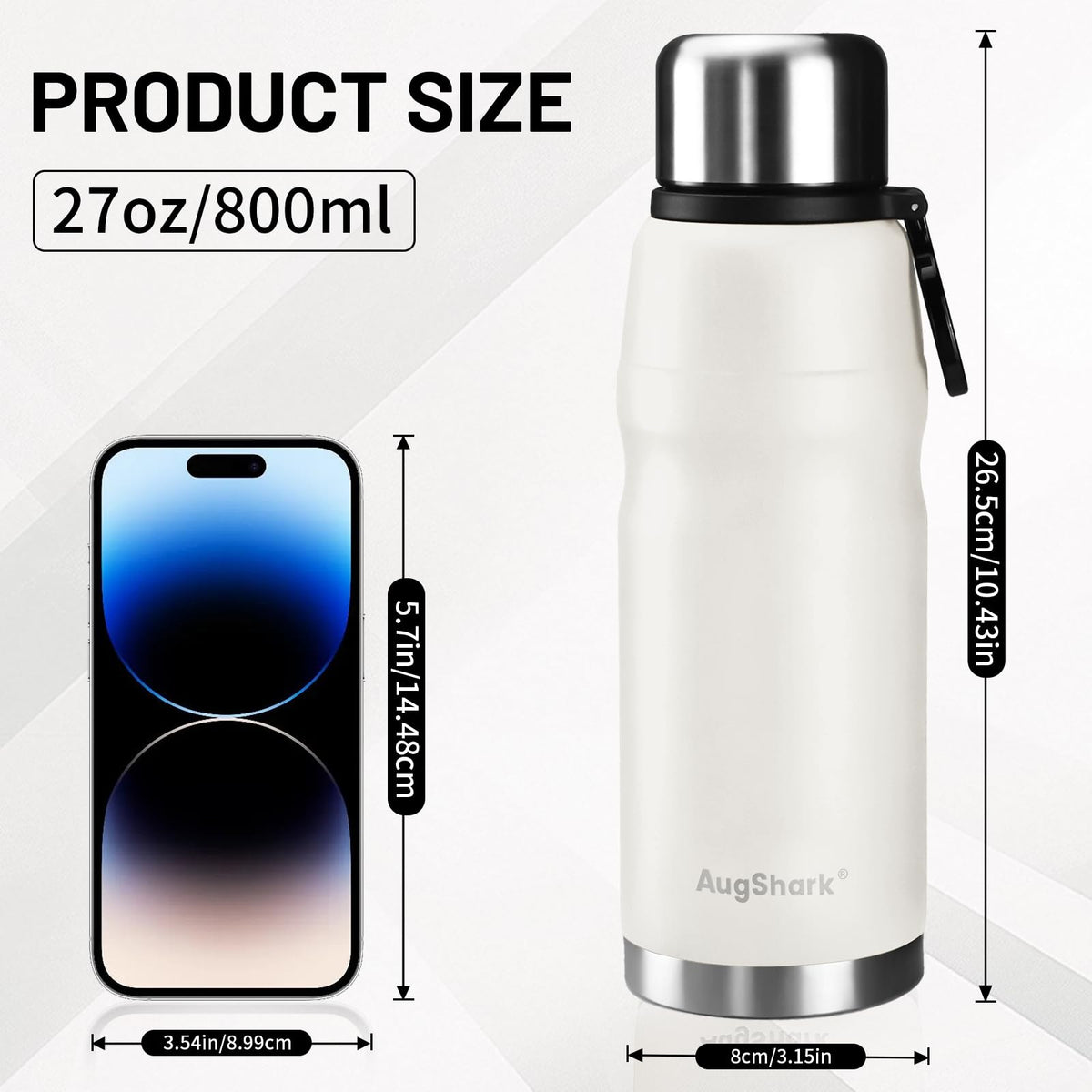 20oz Vacuum Insulated Stainless Steel Thermoses with Foldable Handle & Leakproof Lid (White-27oz)