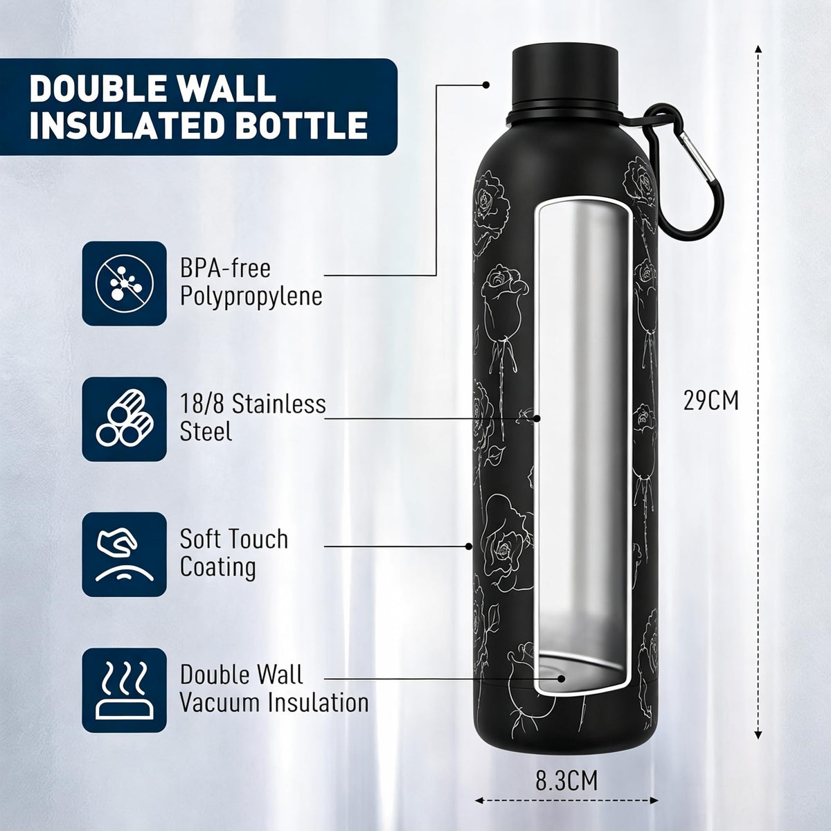 32oz Metal Water Bottle for Travel with Clip (32 Ounces / Black Rose)