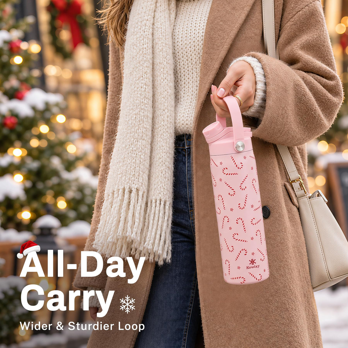 Christmas Water Bottle with Straw Insulated (Candy Canes / 24 Ounces)
