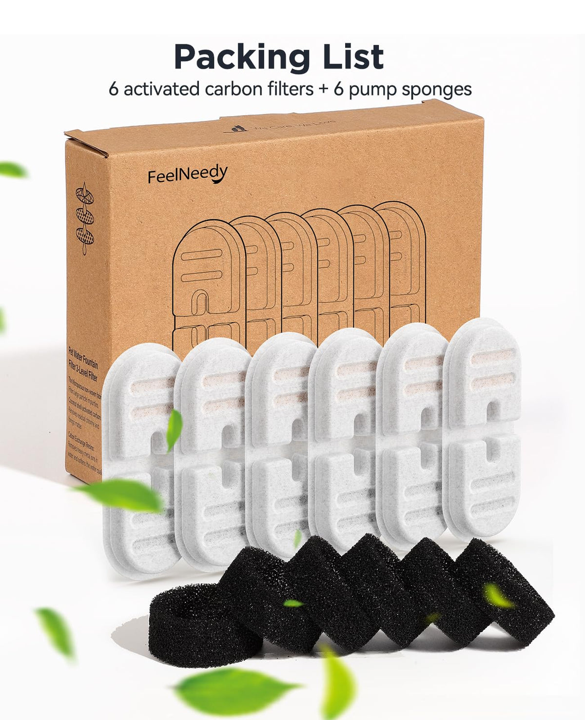 6 Pack New Version Replacement Filters + 6 Pump Sponges for Feelneedy Stainless Steel Cat Water Fountain [FN