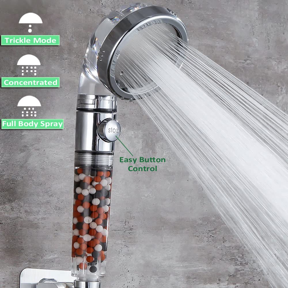 Filter Showerhead with Bracket Metal Hose High Pressure Handheld Shower Purifying Hard Water Softener Chlorine Flouride Filter Multi Modes Changeable Shower head Fresh Dry Skin & Hair Loss (Filter ShowerHead HH)