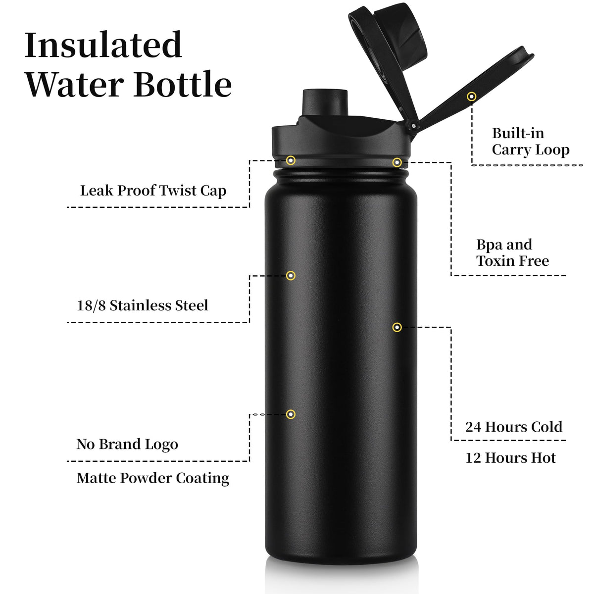 24 oz Insulated Water Bottle with Straw Lid & Wide Mouth Lids (Black / 24 Ounces)