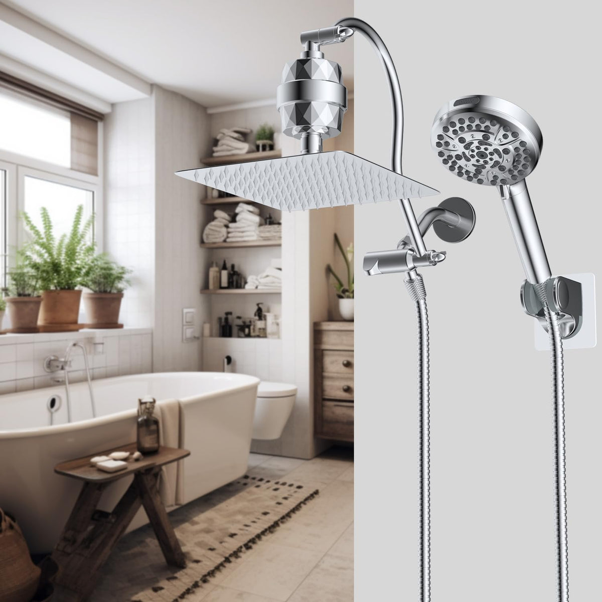 All Metal Dual Filtered Rainfall High Pressure 10'' Shower Head (Square 10'' with Filter / Chrome Finished)