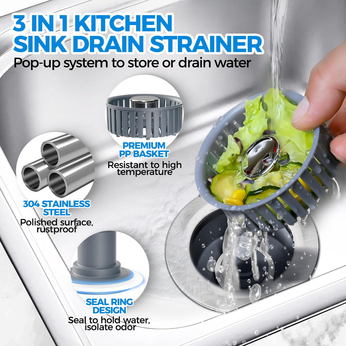 3 in 1 Kitchen Sink Drain Strainer Stopper Removable Basket Pop (Silver Silver)