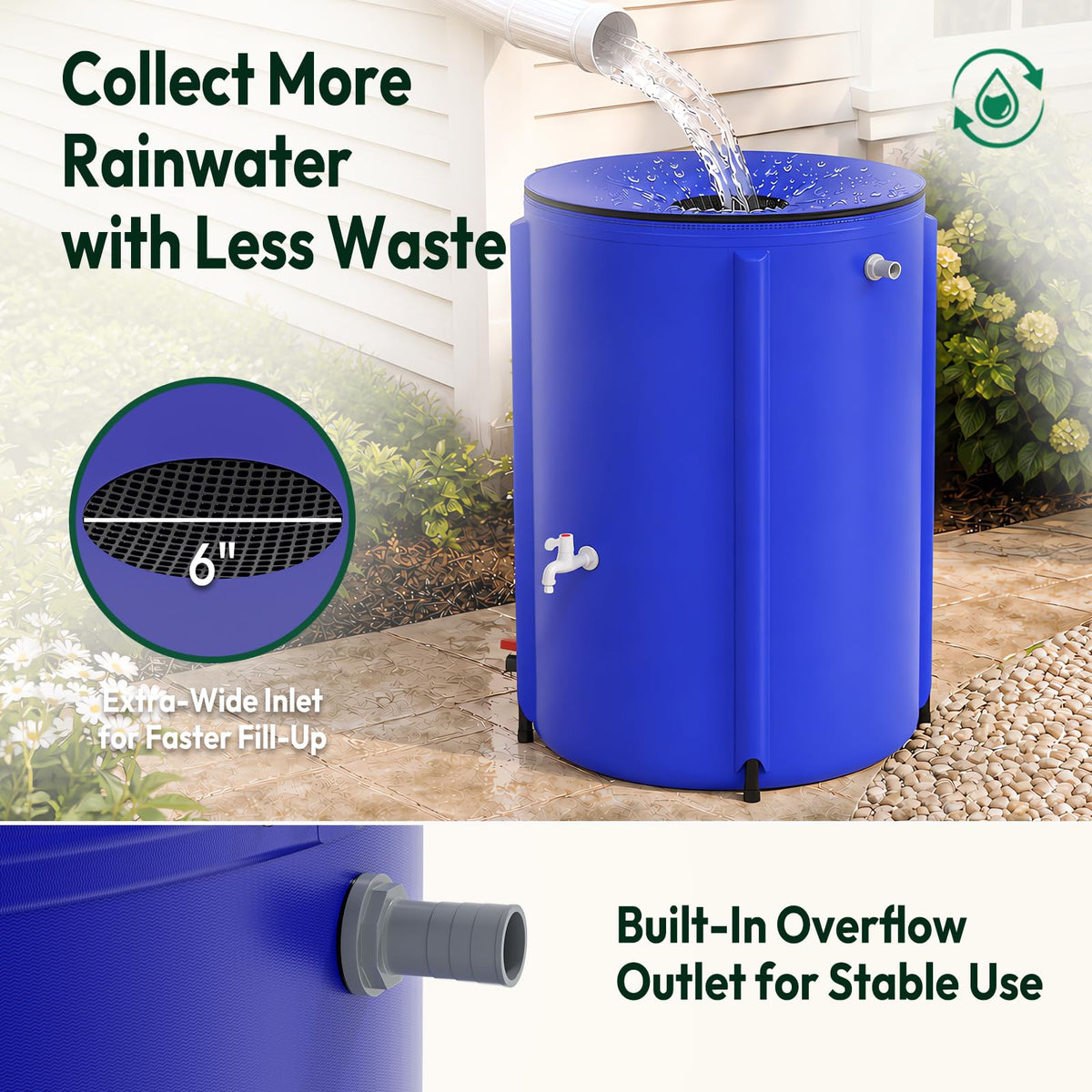 Collapsible Rain Barrel Portable Rain Water Collection (Blue / 100 Gallon)