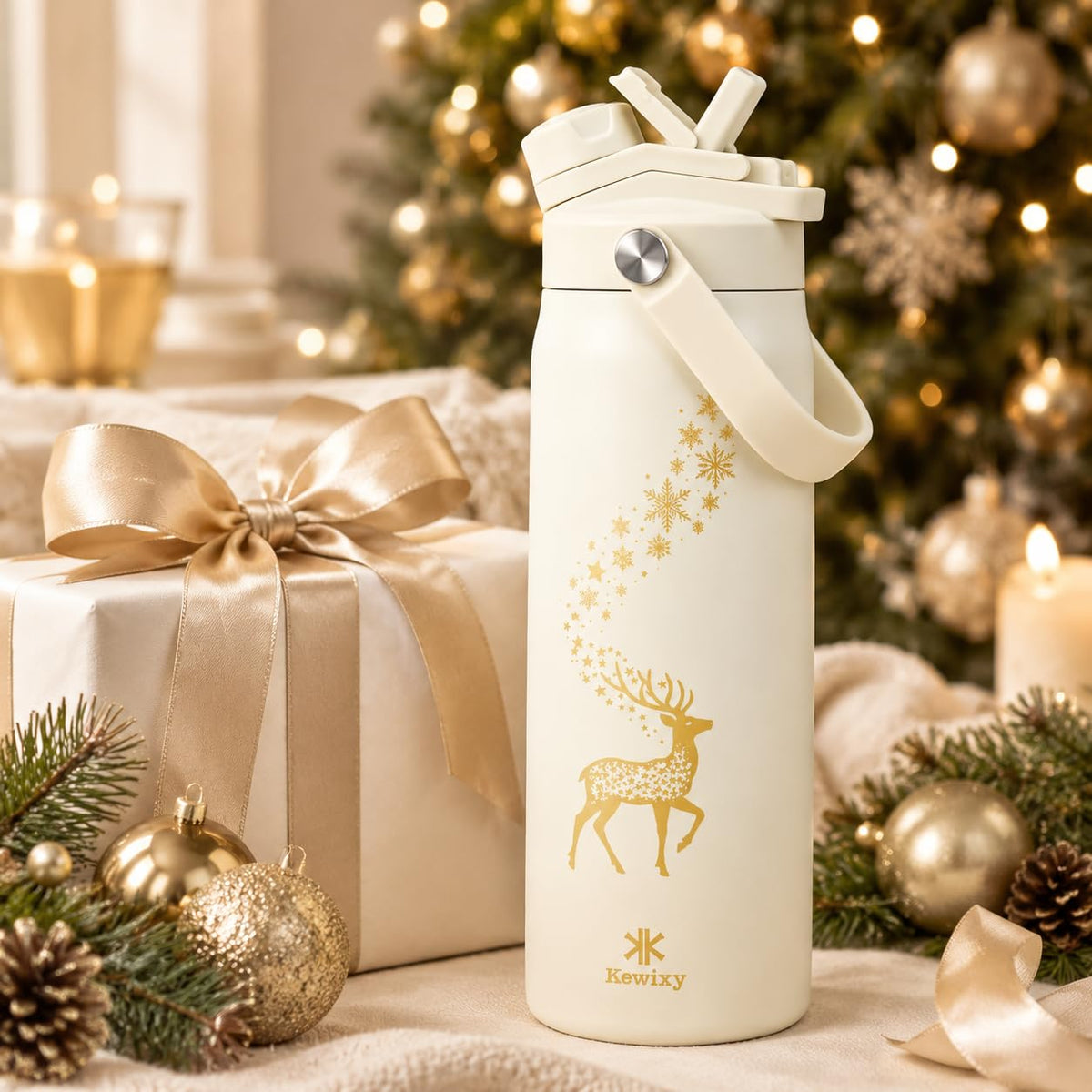 Christmas Water Bottle with Straw Insulated (Golden Reindeer / 24 Ounces)