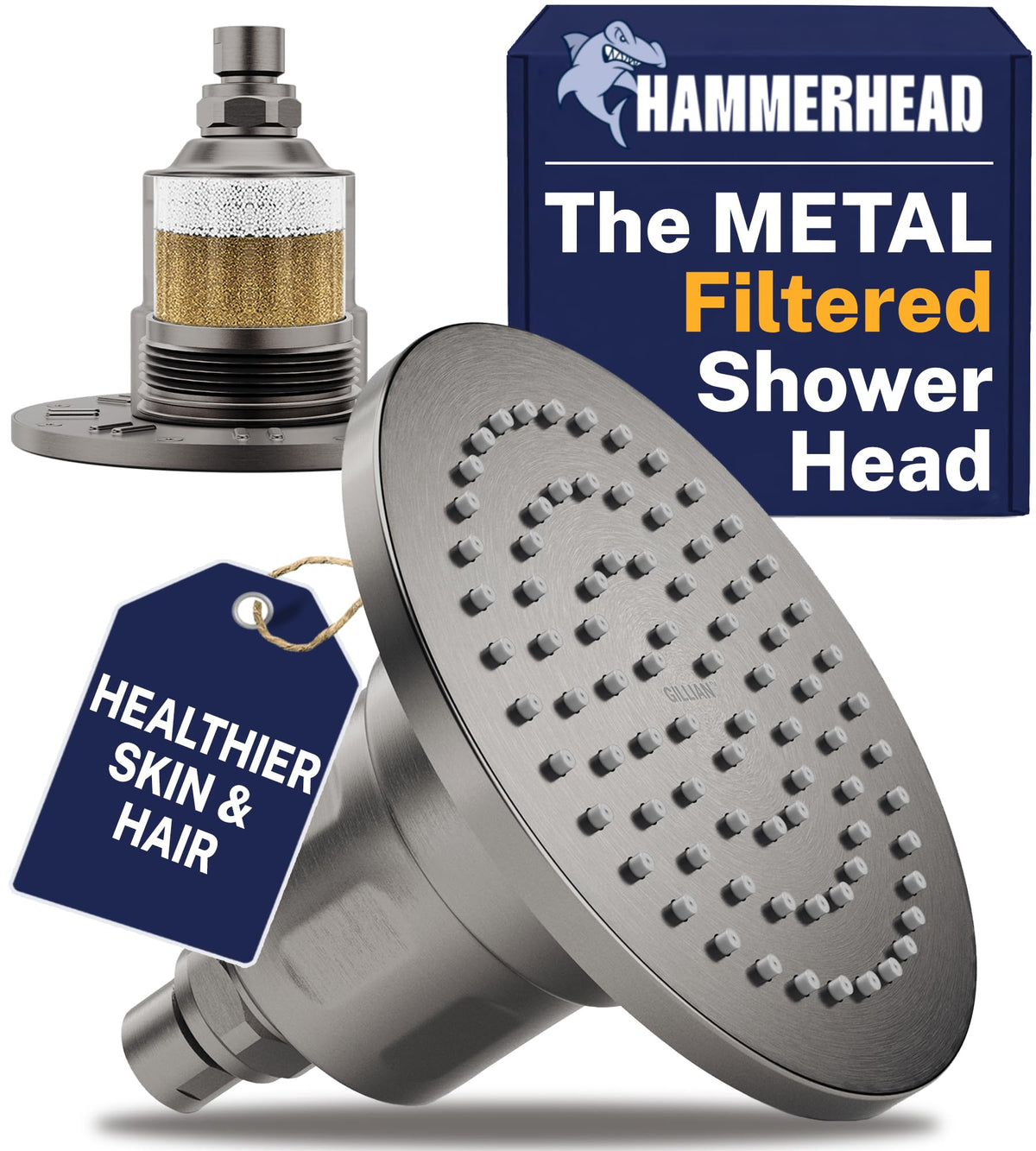 HammerHead Metal Filtered Shower Head High Pressure Removes Chlorine (HammerHead Gray / 2.5 GPM)
