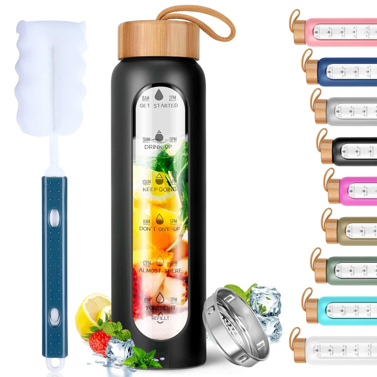 Glass Water Bottles 32 Oz with Silicone Sleeve (32 Ounces / Luxury Black)