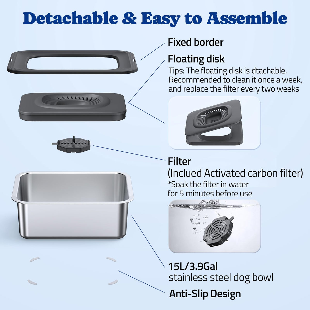 12L Dog Water Bowl No Spill with Slow Drinking Floating Disk (Gray / 12L)