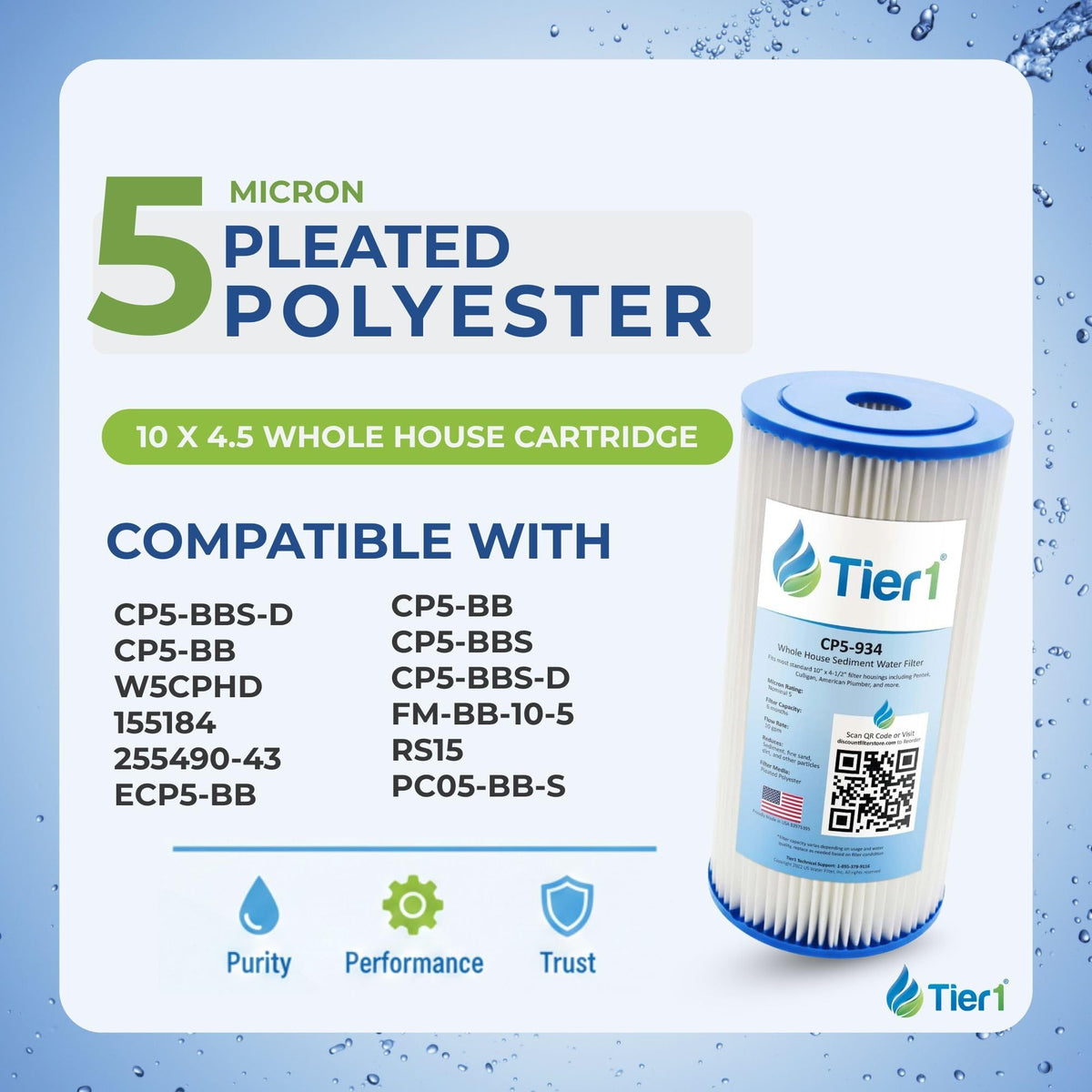 5 Micron 4.5" × 10" Pleated Water Filter Replaces CP5 (5 Micron / 1 Pack)