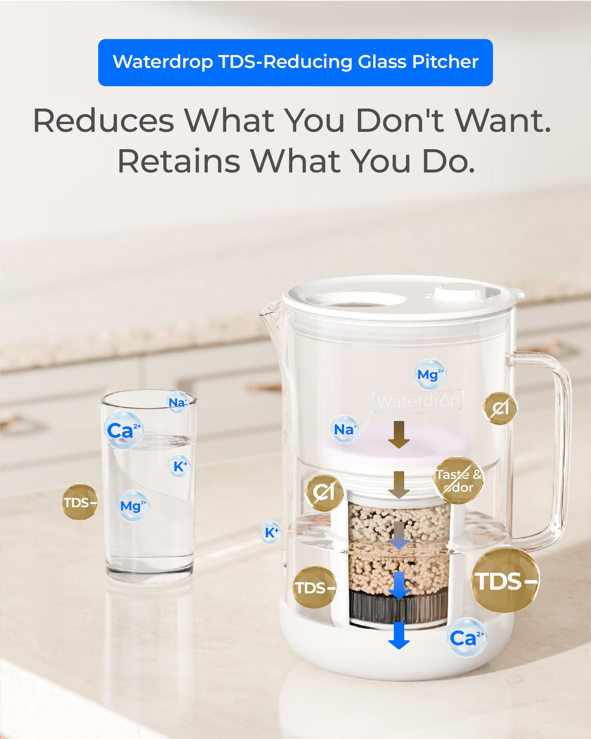 PT-13W TDS-Reducing Glass Water Filter Pitcher, Large 10-Cup (White)