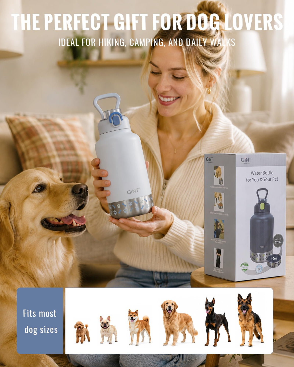 37oz 1.1L Insulated Dog Water Bottle with Carrying Case (White)