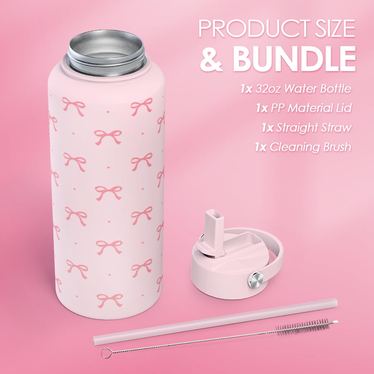 Pink Bow Water Bottle Stainless Steel Insulated Vacuum 32oz with Lid (Coquette Pink Bow)