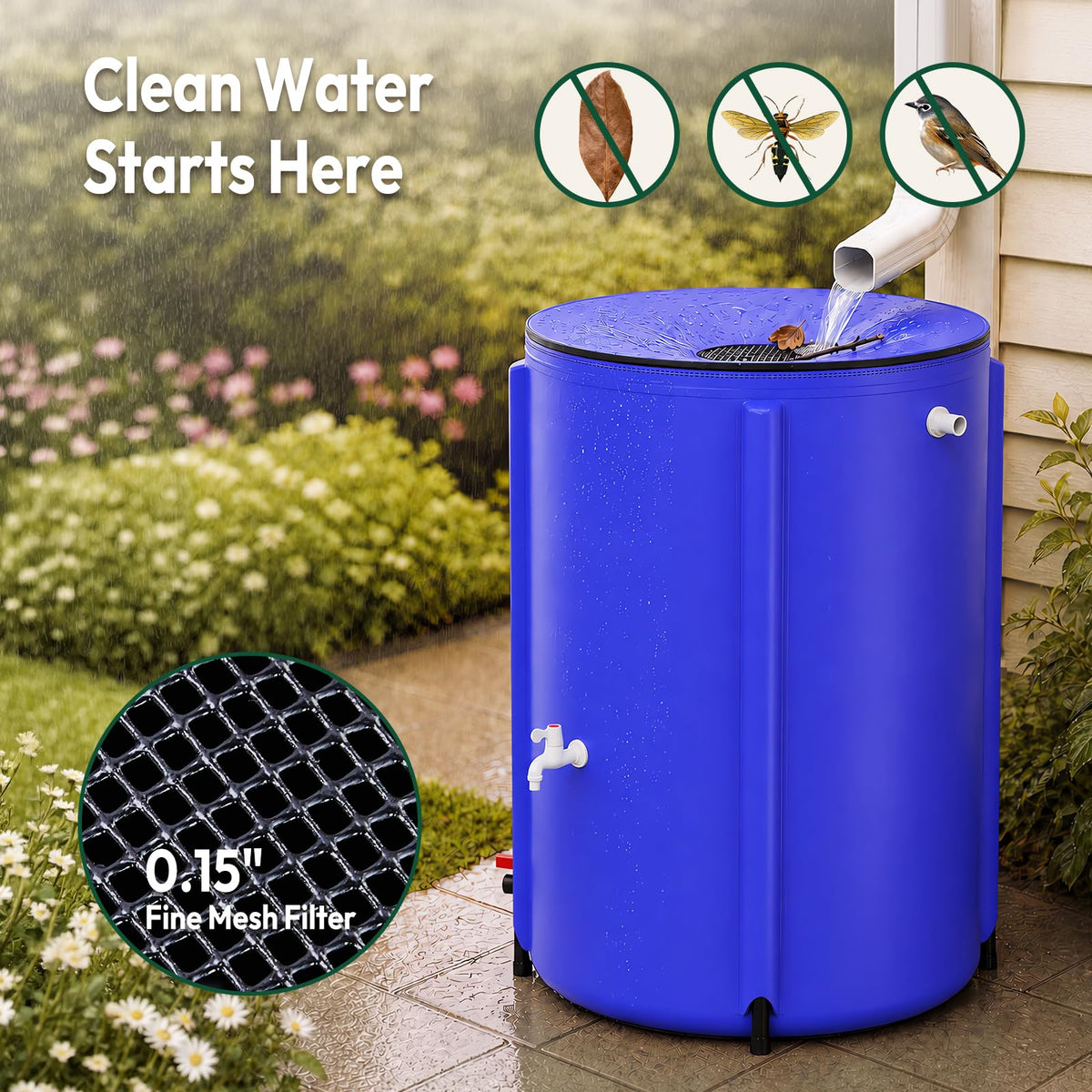 Collapsible Rain Barrel Portable Rain Water Collection (Blue / 100 Gallon)