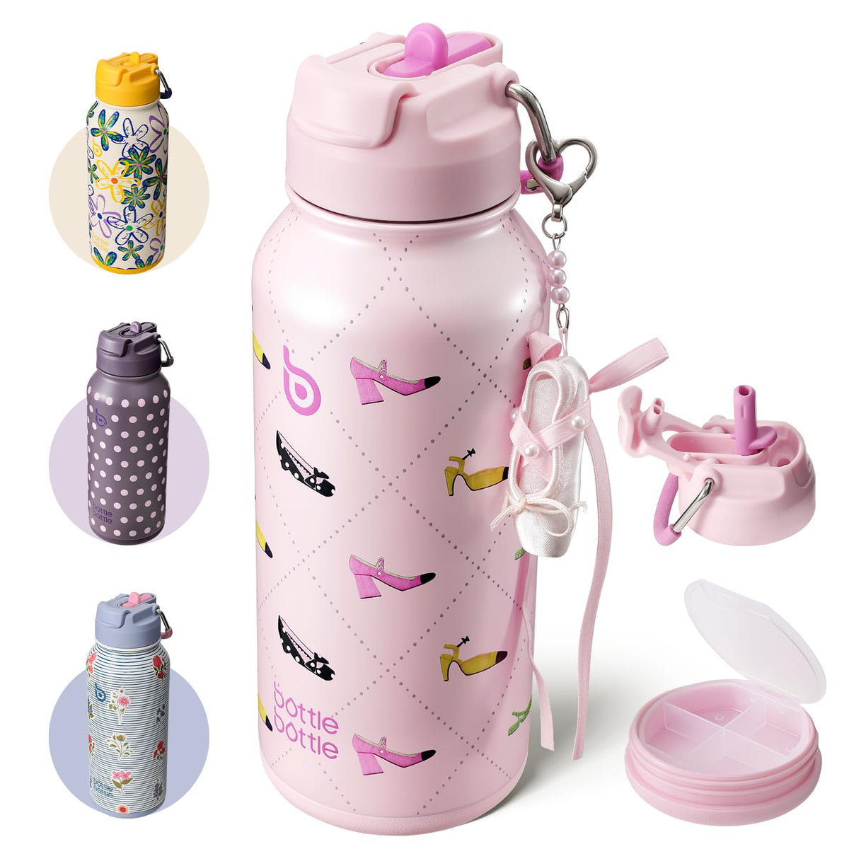 32oz Insulated Water Bottle with Pill Box (Vintage Bloom)