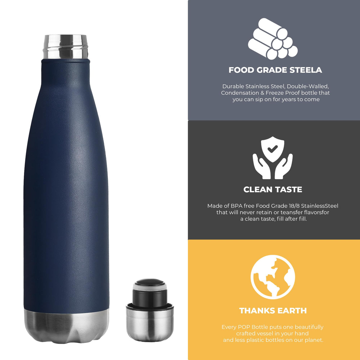 17oz Sport Water Bottle 4 Pack Vacuum Insulated Stainless Steel Leak (Navy)