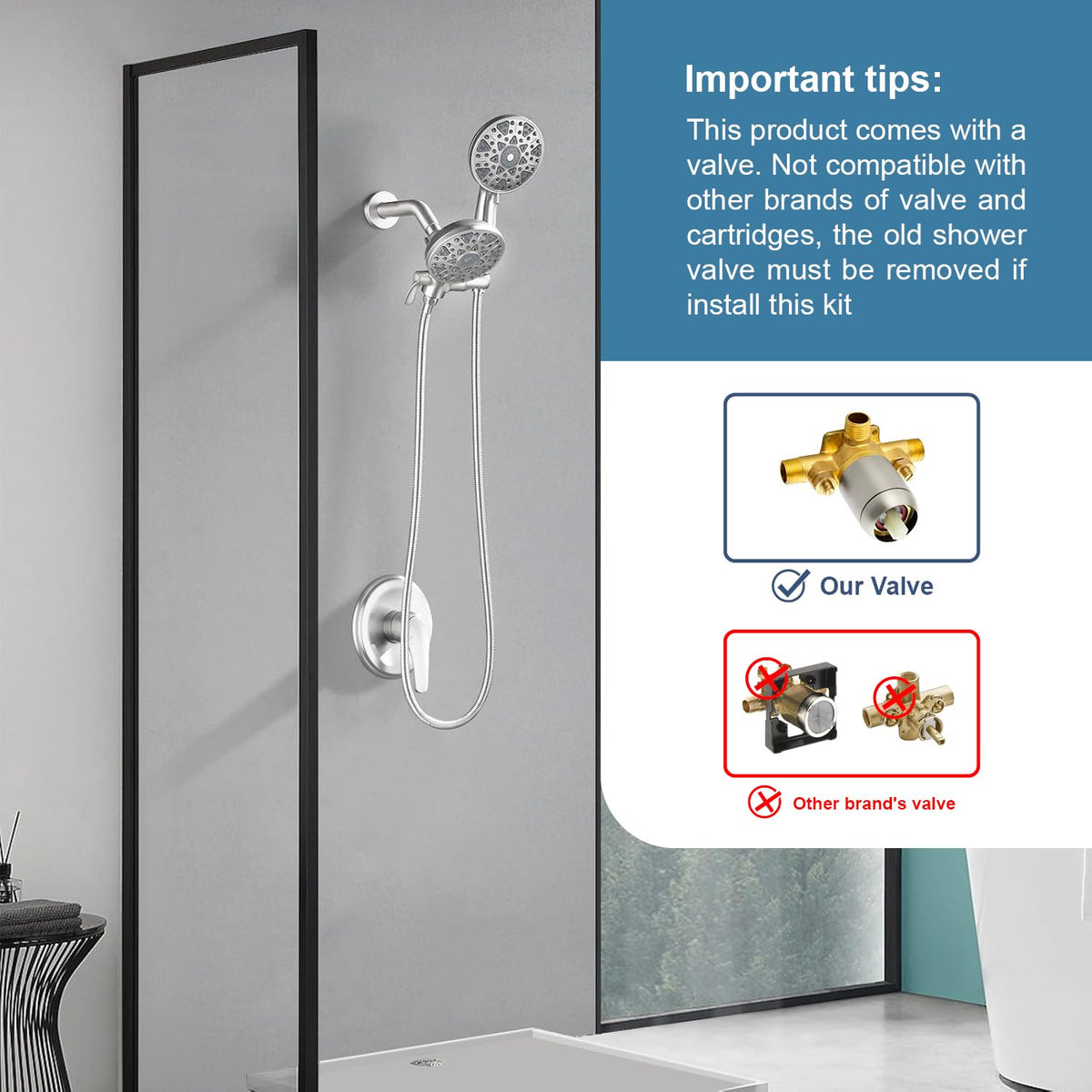Shower Faucet Set Complete Shower Kit Dual Shower Head and Handheld 2 in 1 Combo Set Shower System Shower Trim Kit Combo Set Shower Fixtures (Brushed Nickel / Without tub spout)