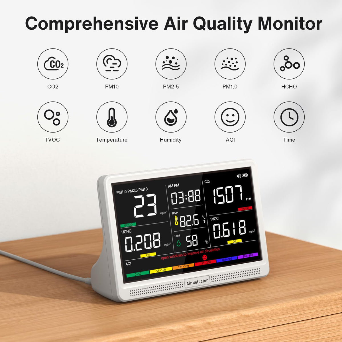 16 in 1 Air Quality Monitor Indoor 12Hrs Battery 7" Wildfire CO2 Monitor (12H & White / Standard)