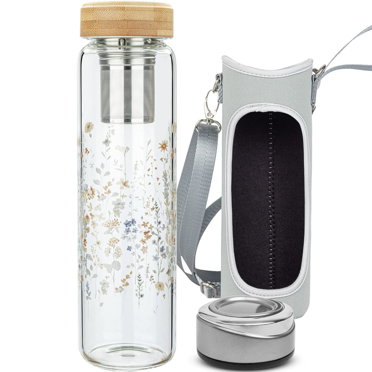 32oz Borosilicate Glass Water Bottle with Tea Infuser (Wildflowers)