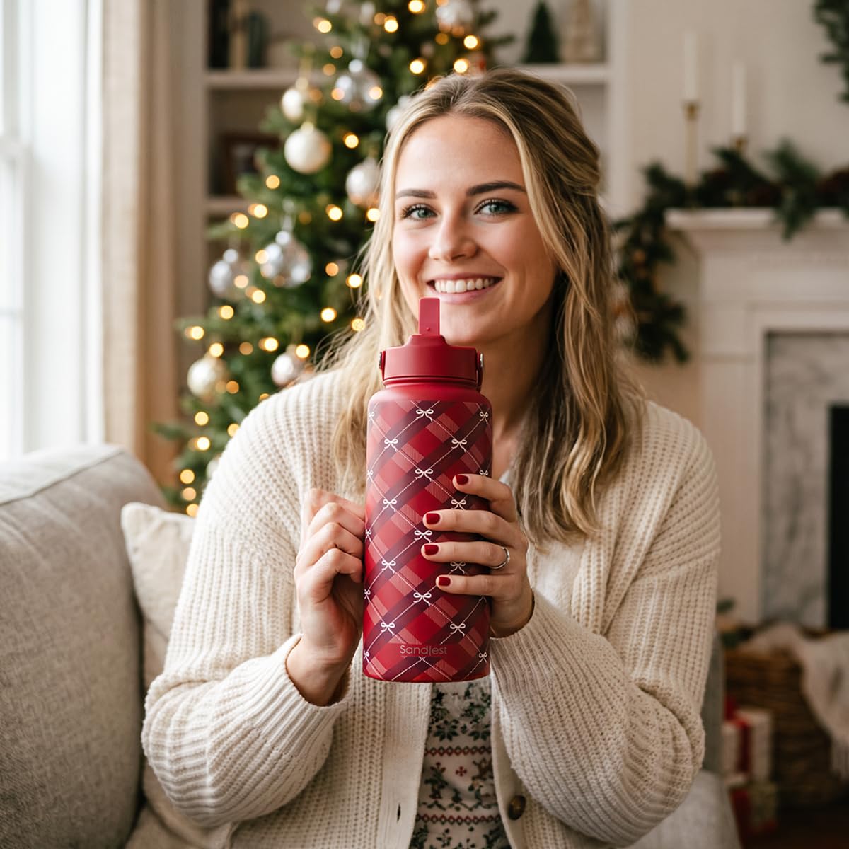 Stainless Steel Water Bottle 32 Ounces with Lid & Straw (Christmas)