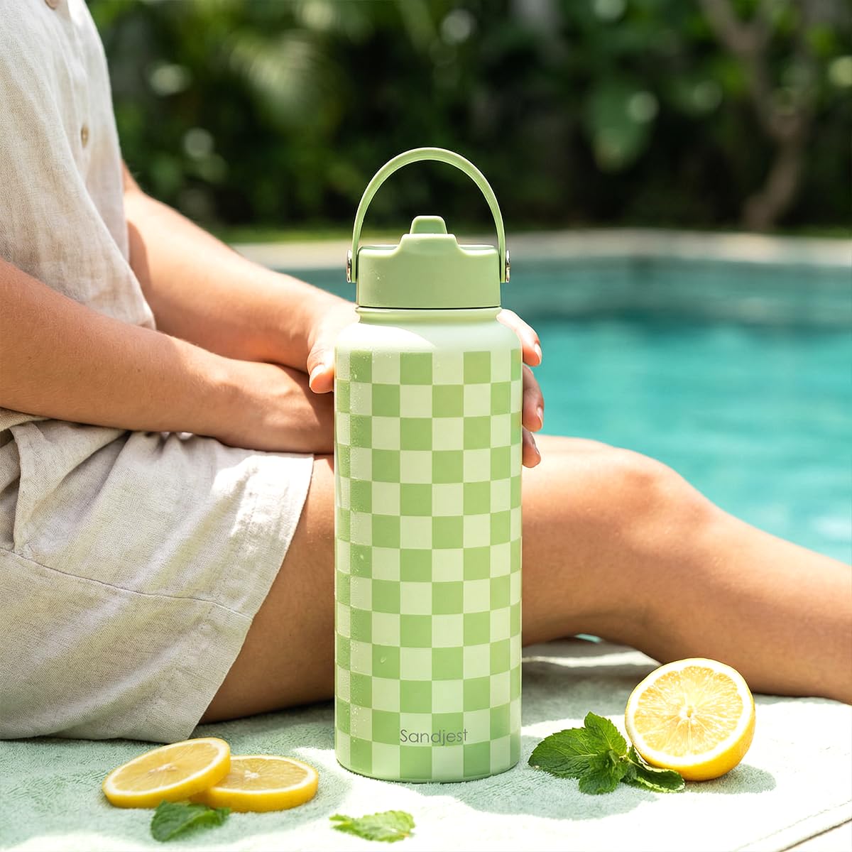 Checkered Water Bottle Stainless Steel 32oz with Lid & Straw (Checker 1)
