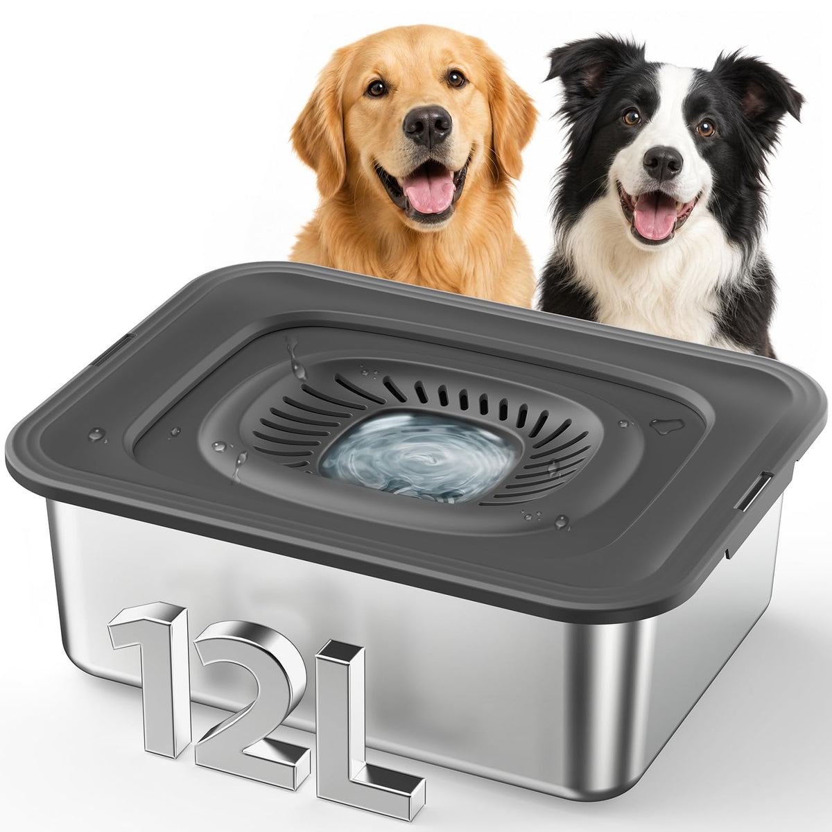 12L Dog Water Bowl No Spill with Slow Drinking Floating Disk (Gray / 12L)