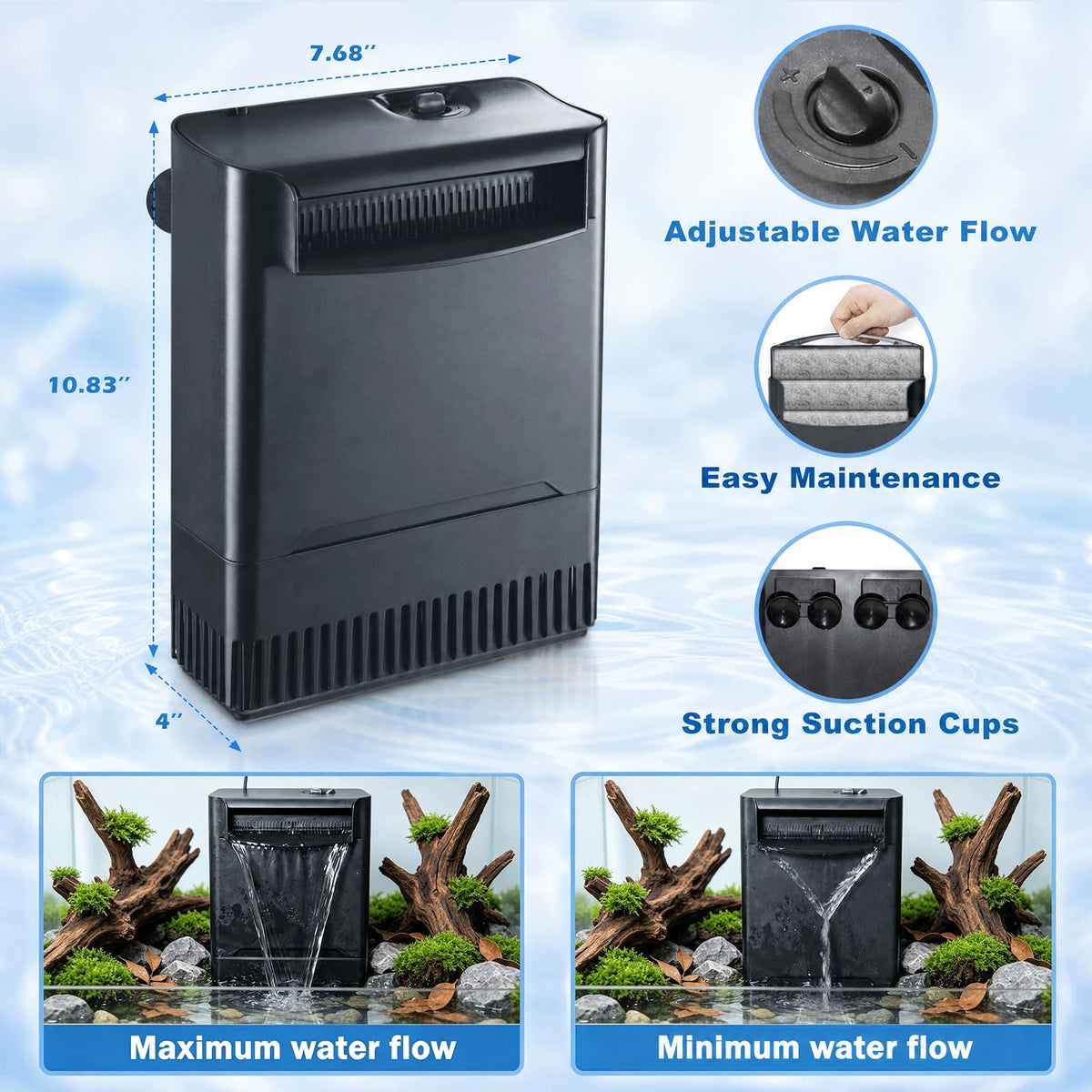 Turtle Tank Filter Aquarium Filter Power Adjustable 20 (Medium for 20-55 Gal)