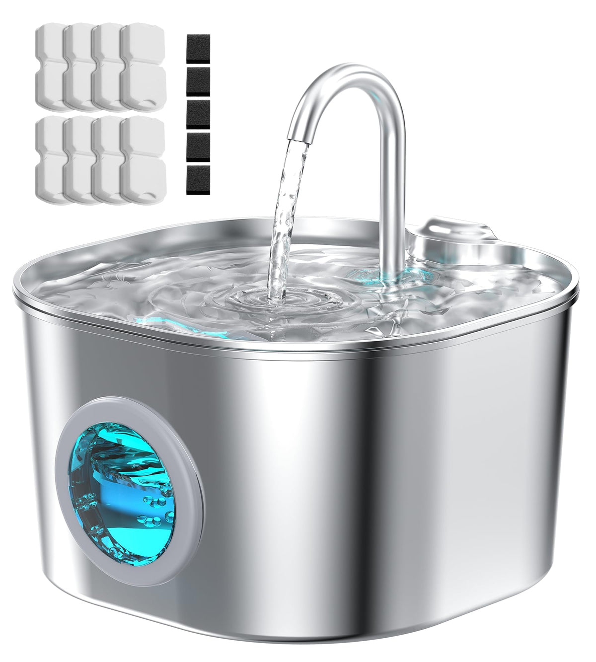74oz Stainless Steel Cat Water Fountain with 8 Filters + 5 Sponges