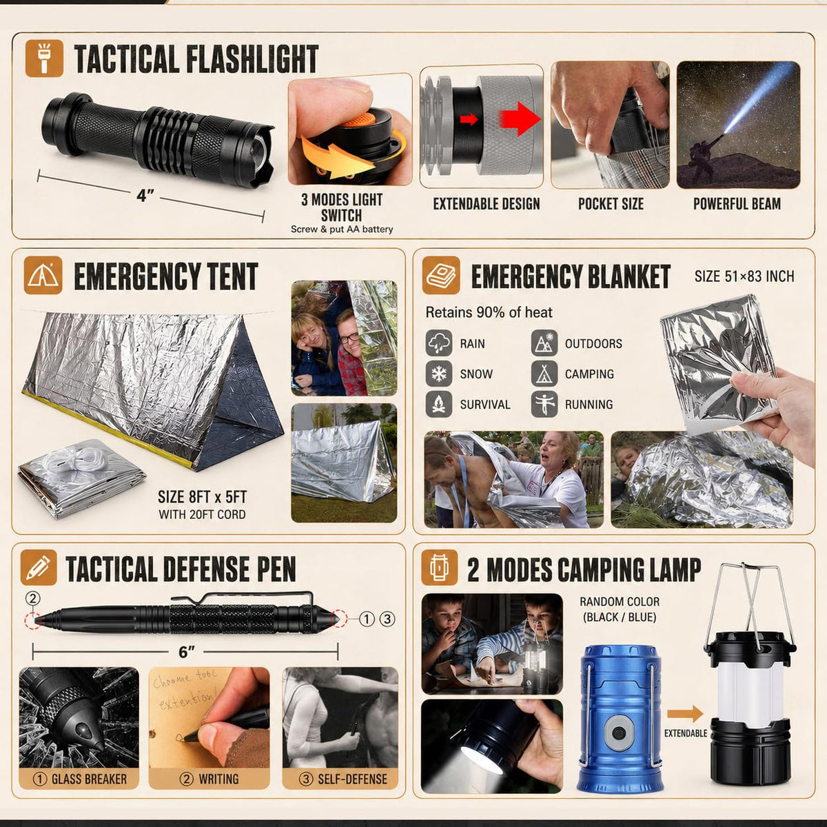 Survival Kit 250Pcs Survival Gear First Aid Kit with Molle System Compatible Bag and Emergency Tent (A-Deep Black)