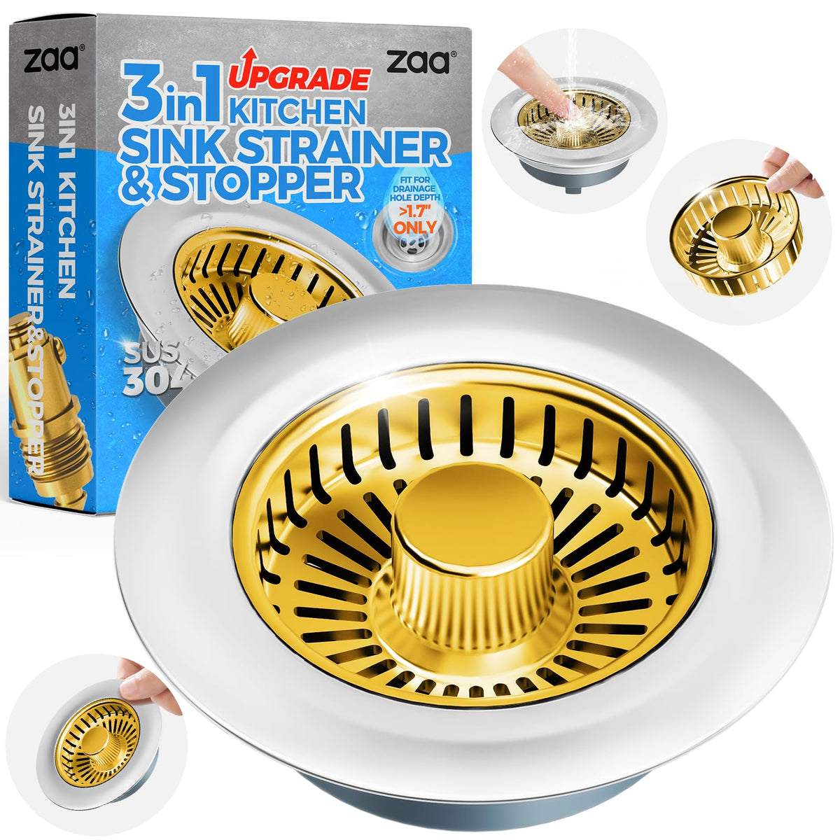 3 in 1 Kitchen Sink Drain Strainer Stopper Removable Basket Pop (Gold)