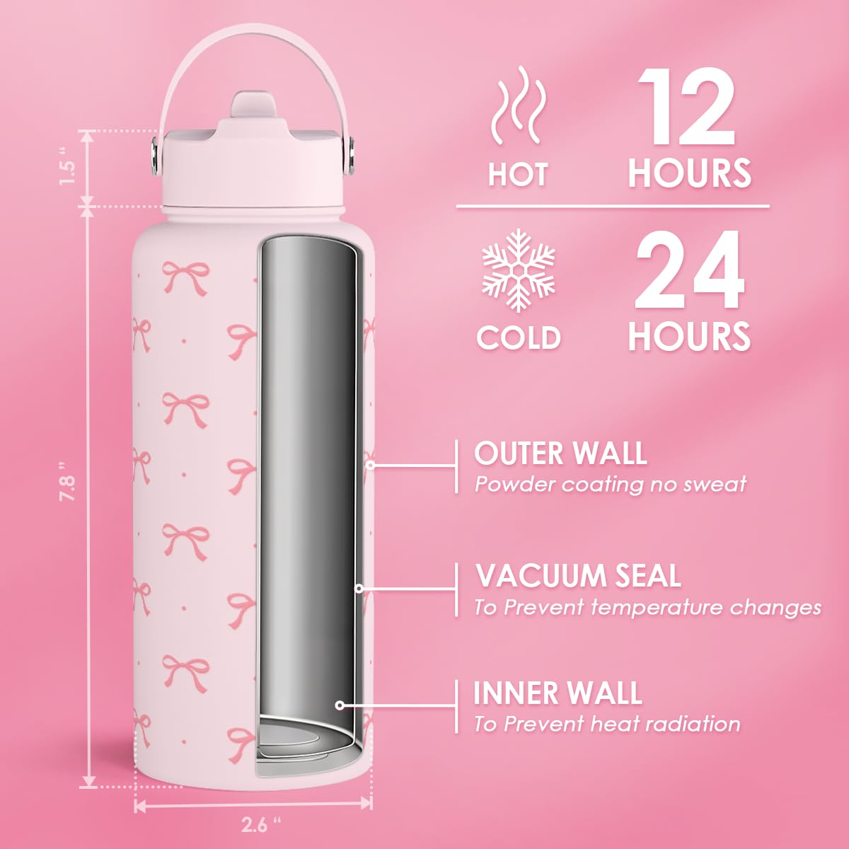 Pink Bow Water Bottle Stainless Steel Insulated Vacuum 32oz with Lid (Coquette Pink Bow)
