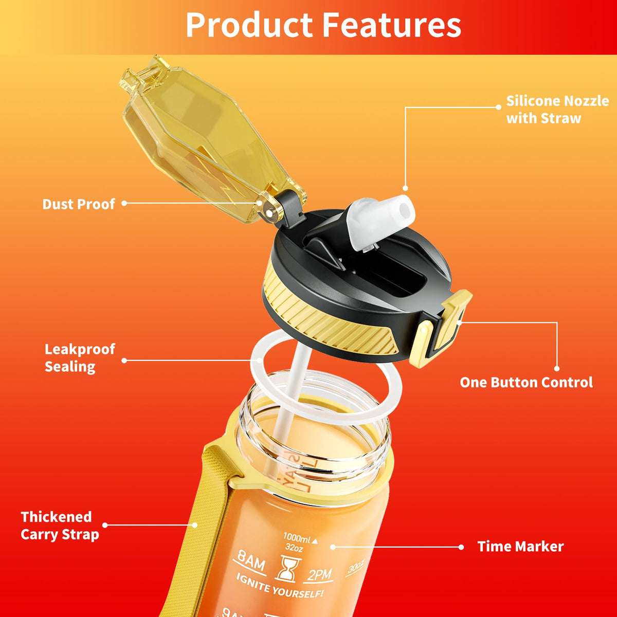 Water Bottle with Straw (Yellow Red / 32 Ounces)