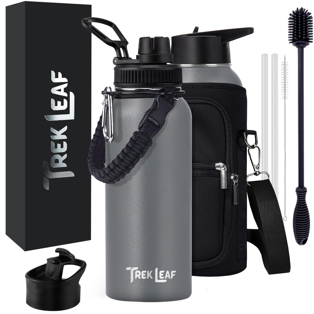 Travel Water Bottle with 3 Lids (32 Ounces / Gray)
