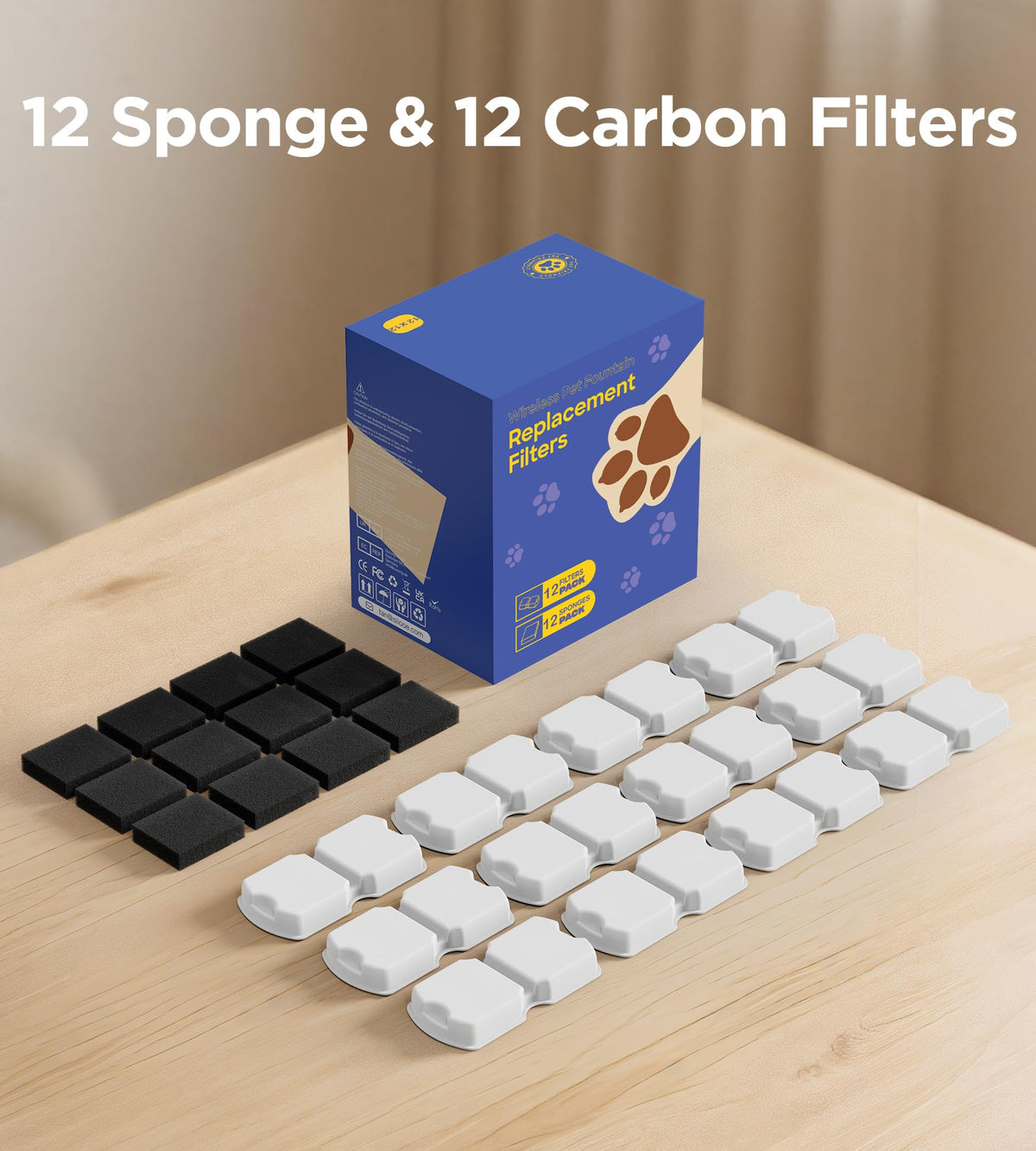 Cat Water Fountain Filter (12 Filters + 12 Sponges)