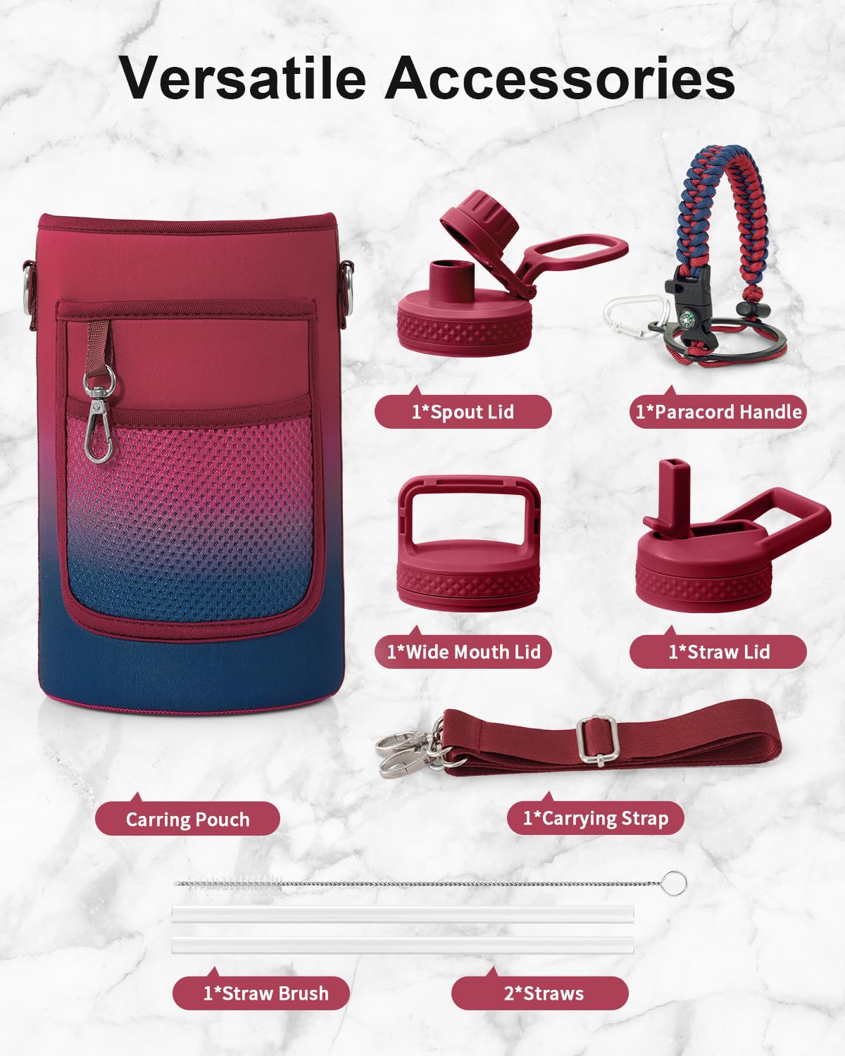 64 oz Water Bottle Stainless Steel with 3 Lids (Ruby Red / 64 Ounces)