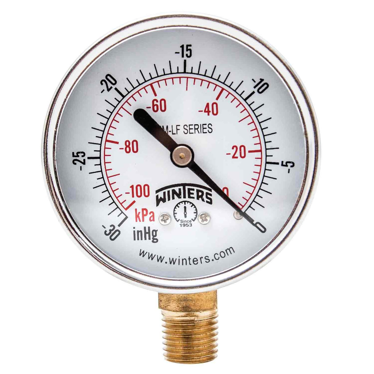 Winters 2-1/2 inch Dial Size, Economy Utility Pressure Gauge, Potable Brass Internals, Steel Case, Dual Scale 30 inch Hg-0 Vac/kPa, 3-2-3% Acc, 1/4 inch NPT Bottom, Drinking Water Vacuum Gauge (210)