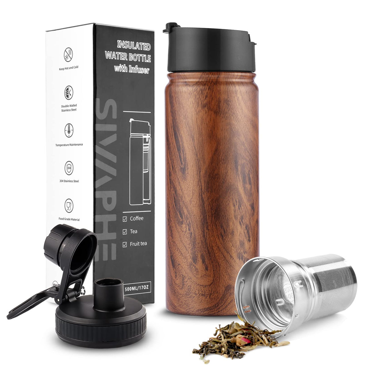 Tea Infuser Bottle With Removable Loose Leaf Tea Strainer (Wood / 18 Ounces)
