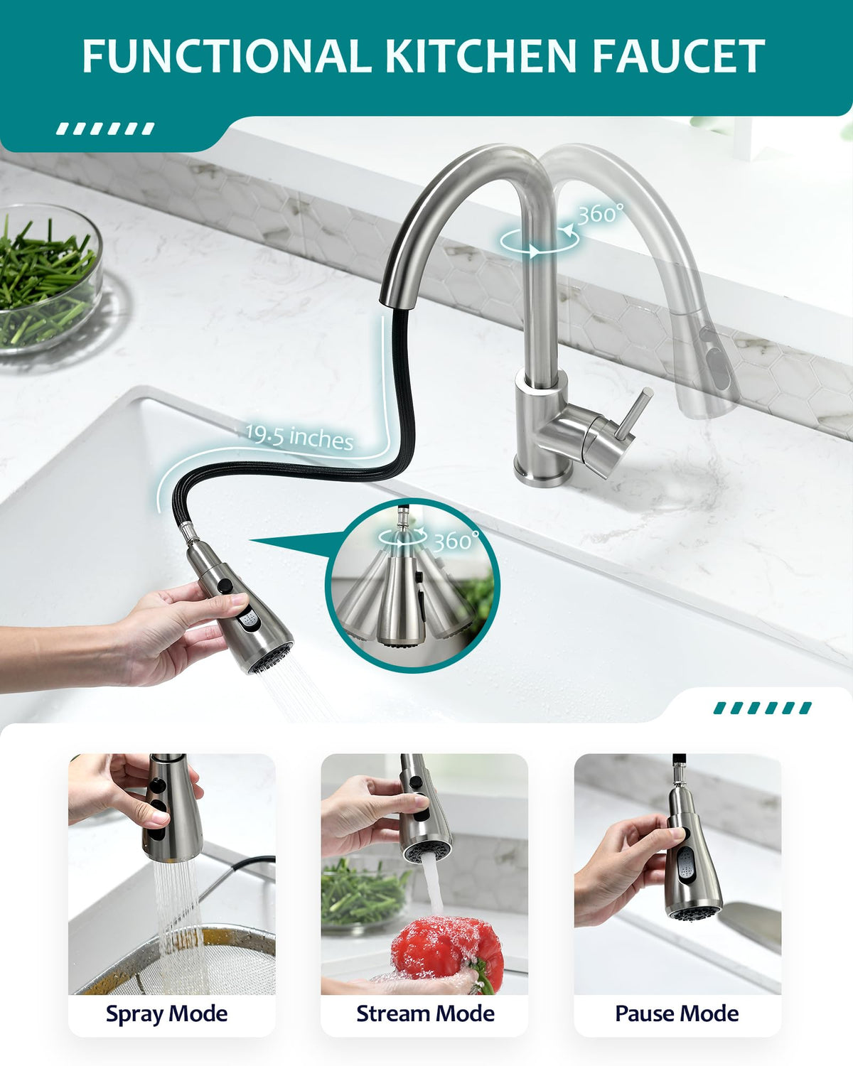 Kitchen Faucet with Pull Down Sprayer (Brushed Nickel-Antique)