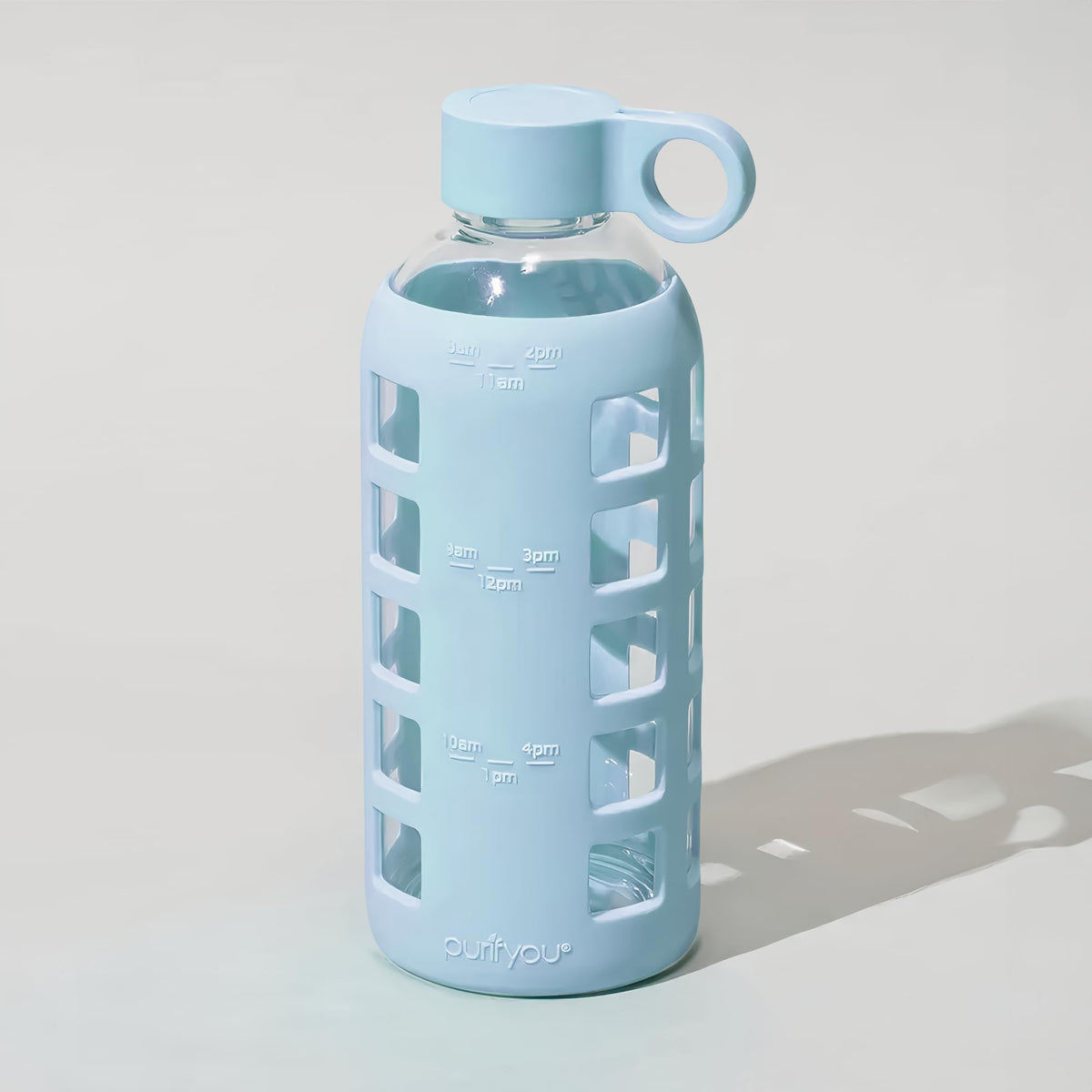 40oz / 32oz / 22oz / 12oz Borosilicate Glass Water Bottle with Time & Volume Markers, Silicone Sleeve, Stainless Steel Lid | Reusable Glass Bottle for Water & Juice (Ice Blue (1 Count) / 22 Ounces)