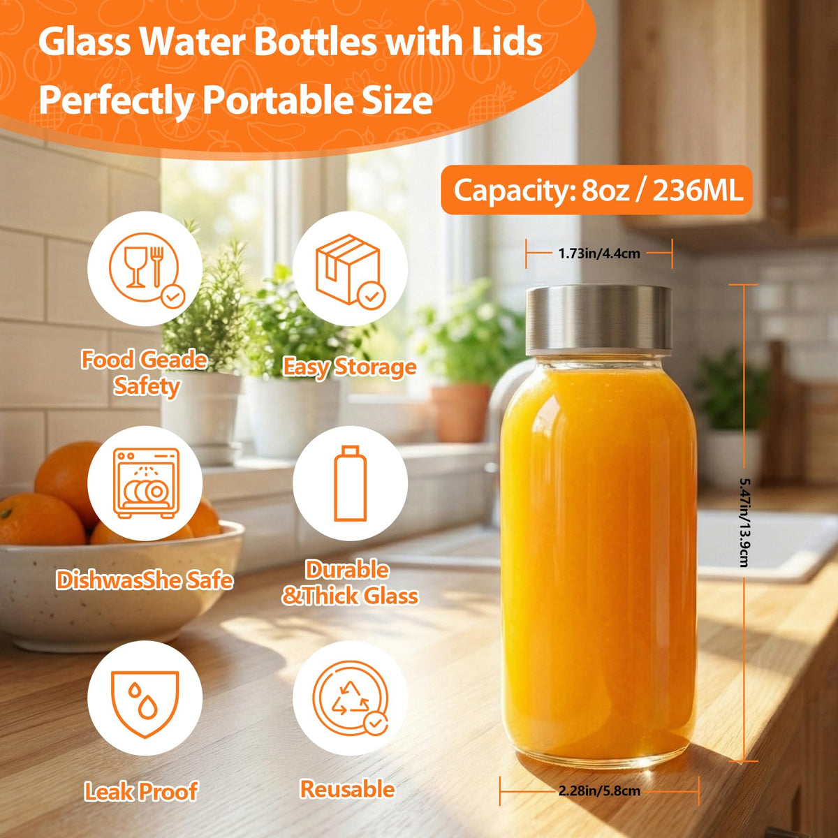 8 oz Glass Bottles with Stainless Steel Lids (8oz Clear Glass 4 Pack / 8 Ounces)